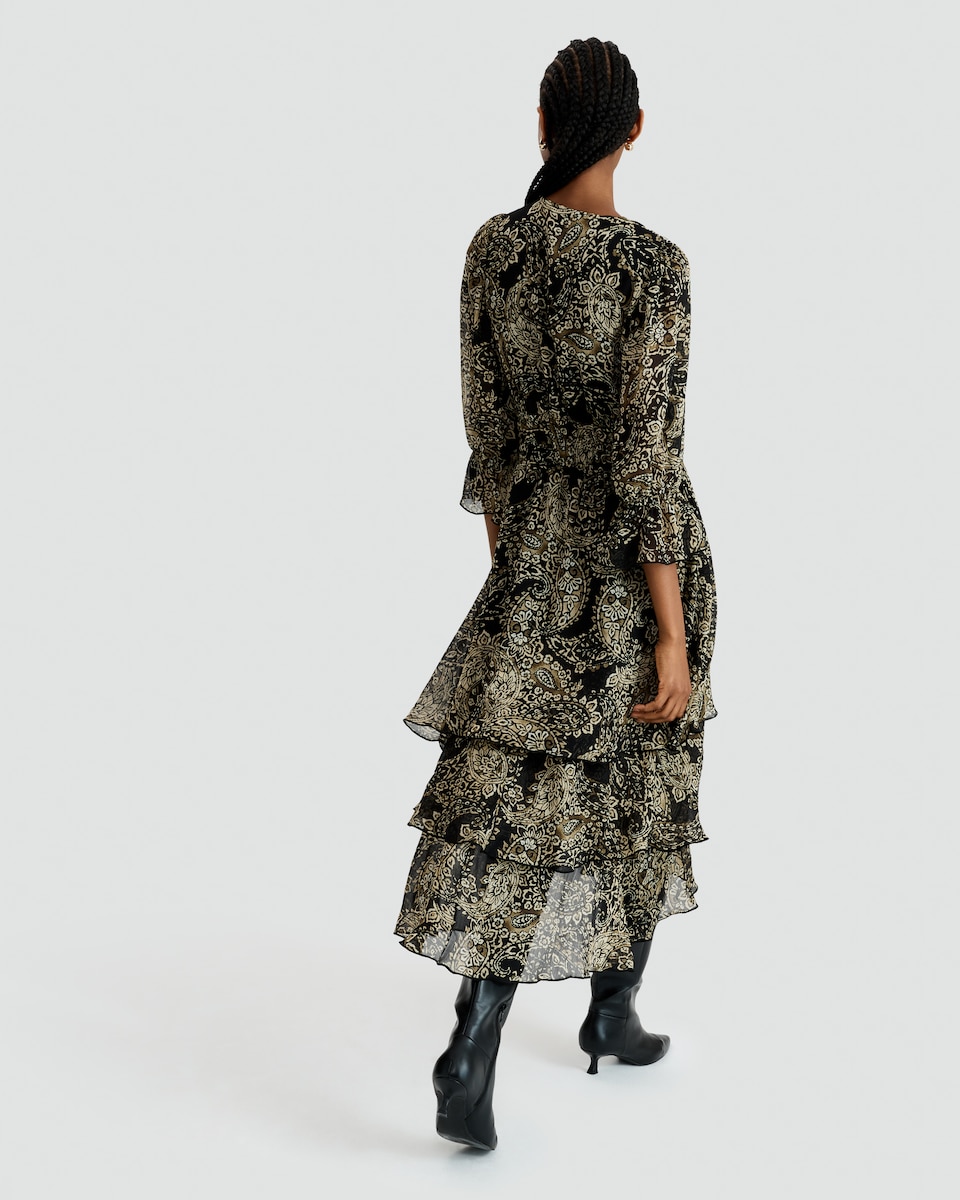 image 1 of F&F Paisley Print Tiered Midi Dress in Multi Black White