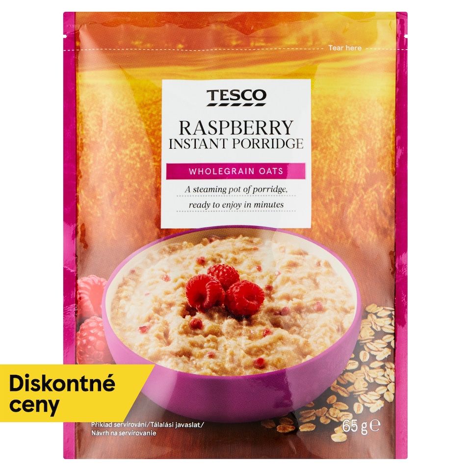 Tesco Instantná ovsená kaša s kúskami mrazom sušených malín 65 g