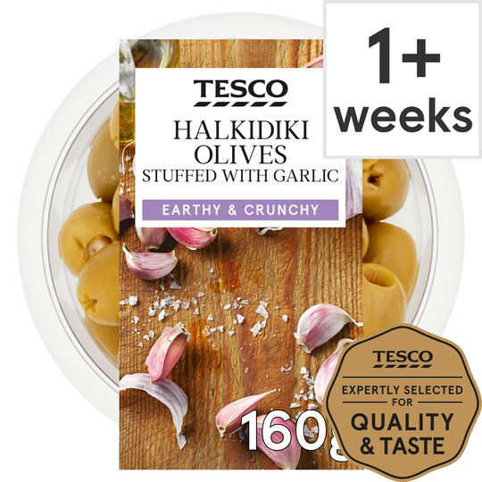 Tesco Halkidiki Olives, Garlic Cloves 160G Tesco Groceries