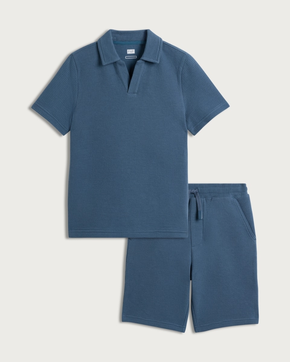 image 1 of F&F Boys 2-Piece Cotton Rich Textured Polo Shirt and Shorts Set in Blue