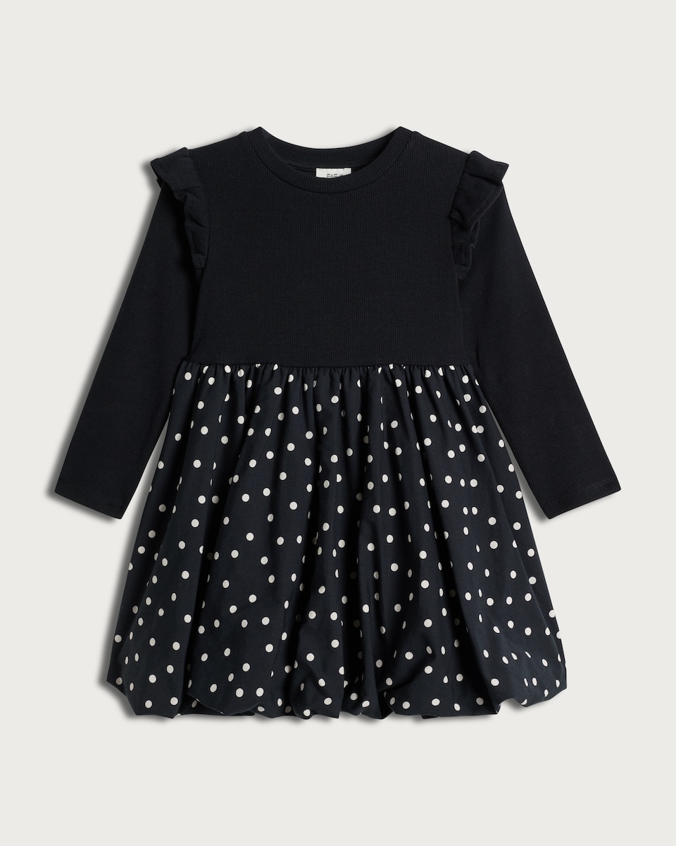 image 1 of F&F Girls Cotton Rich Polka Dot Long Sleeved Dress in Multi Black White