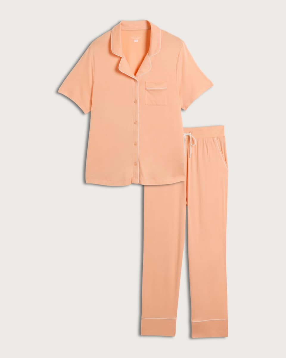 image 1 of F&F 2-Piece Contrast Piping Revere Pyjama Set in Peach
