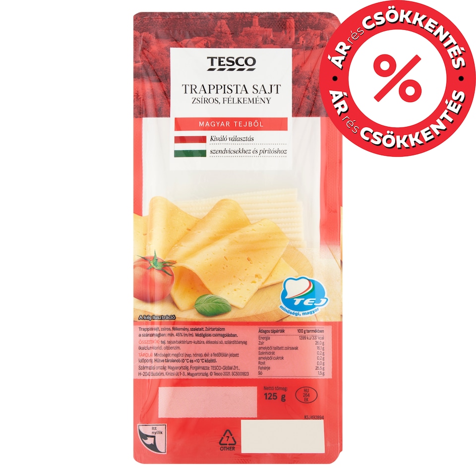Tesco szeletelt, zsíros, félkemény trappista sajt 125 g