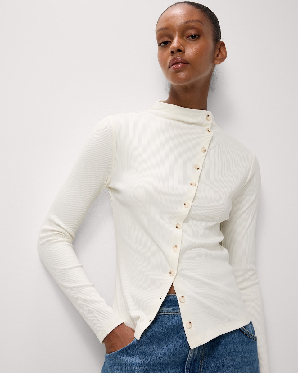 image 1 of F&F High Neck Asymmetric Button Top in Cream