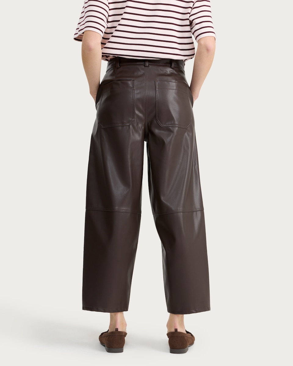 image 1 of F&F Faux Leather Barrel Leg Drawstring Trousers in Brown