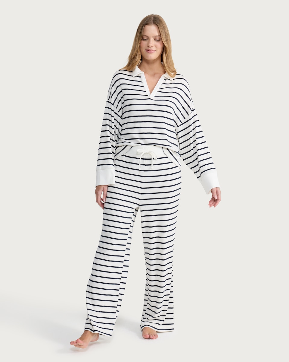 image 1 of F&F Stripe Print Rugby Shirt and Bottoms Pyjama Set in Cream
