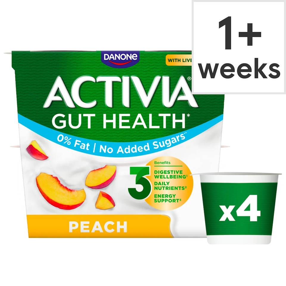 image 1 of Activia Peach No Added Sugar Fat Free Gut Health Yoghurt Multipack 4x115g