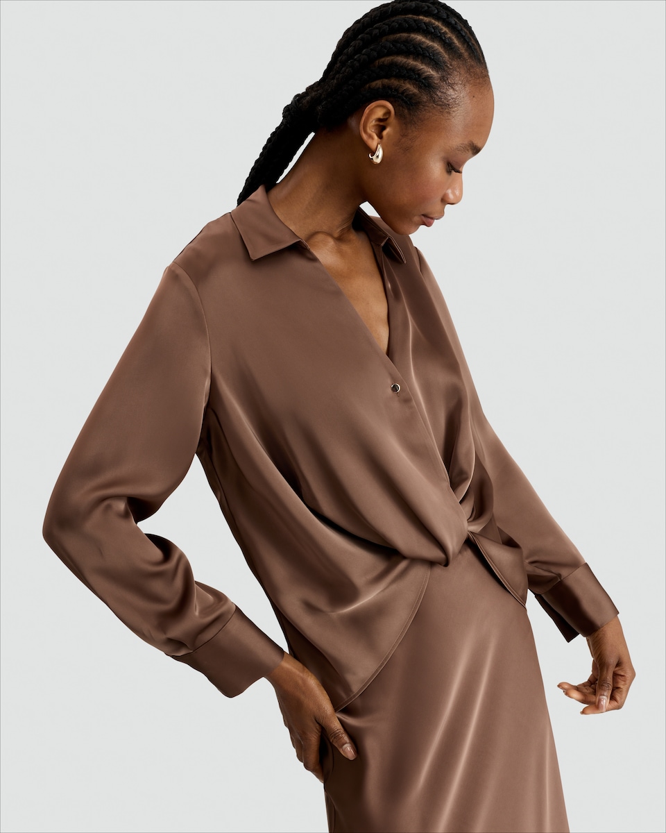 image 1 of F&F Satin Twist Front Long Sleeved Blouse in Mink