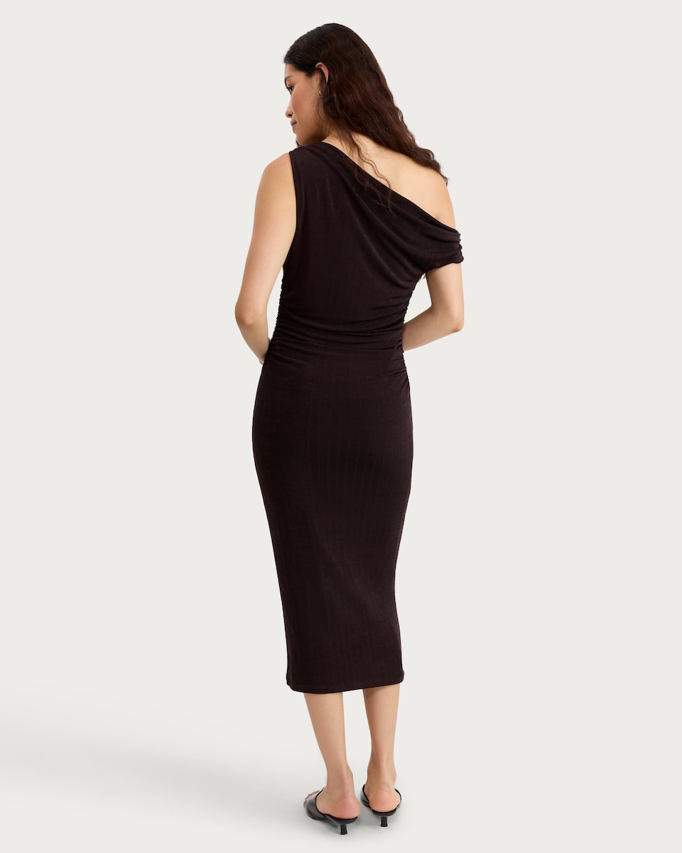 image 1 of F&F Satin Cowl Neck Metal Accent Midi Dress in Chocolate