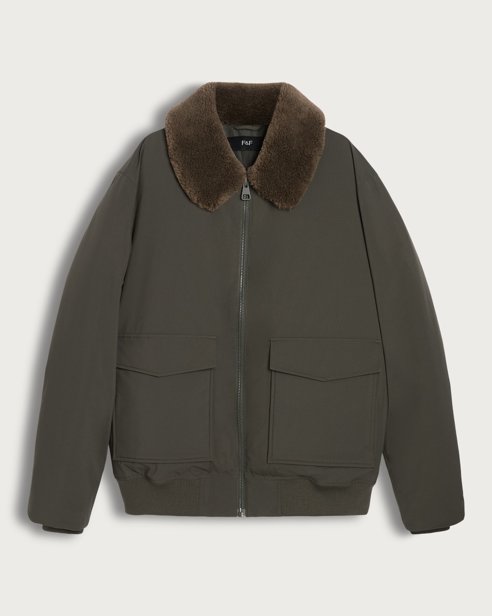 image 1 of F&F Faux Shearling Collar Shower Resistant Bomber Jacket in Khaki