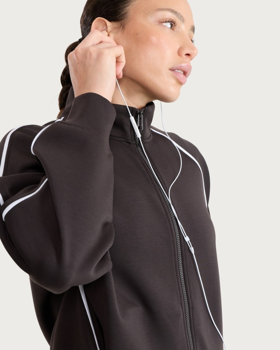 image 1 of F&F Active EVERYHOUR Side Stripe Zip Up Sweatshirt in Brown