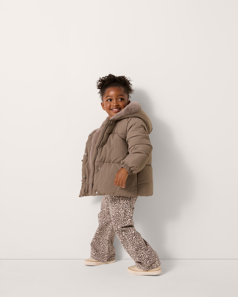 image 1 of F&F Girls Faux Fur Lined Puffer Jacket in Brown