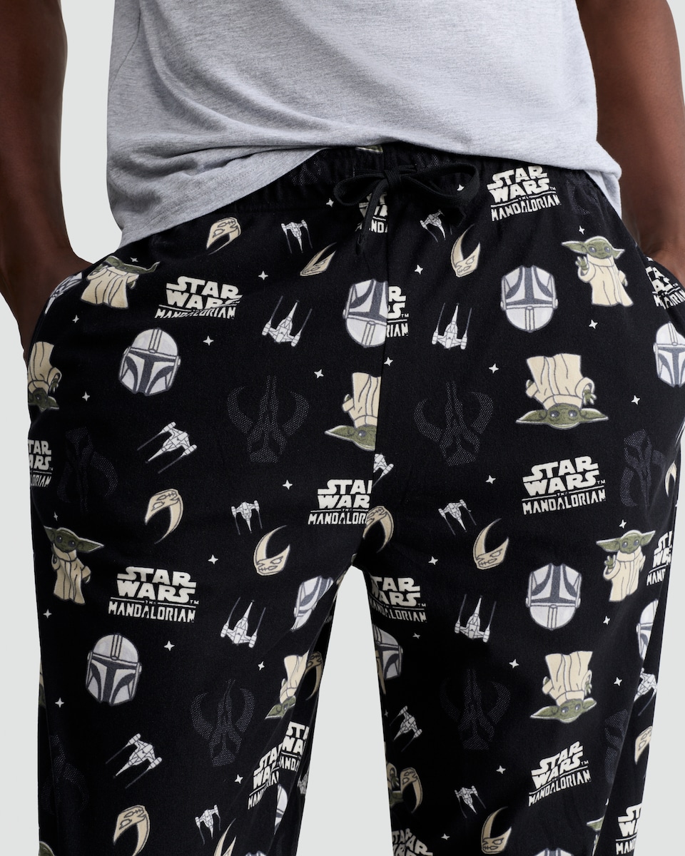 image 1 of Disney Star Wars Mandalorian Fleece Pyjama Bottoms in Black