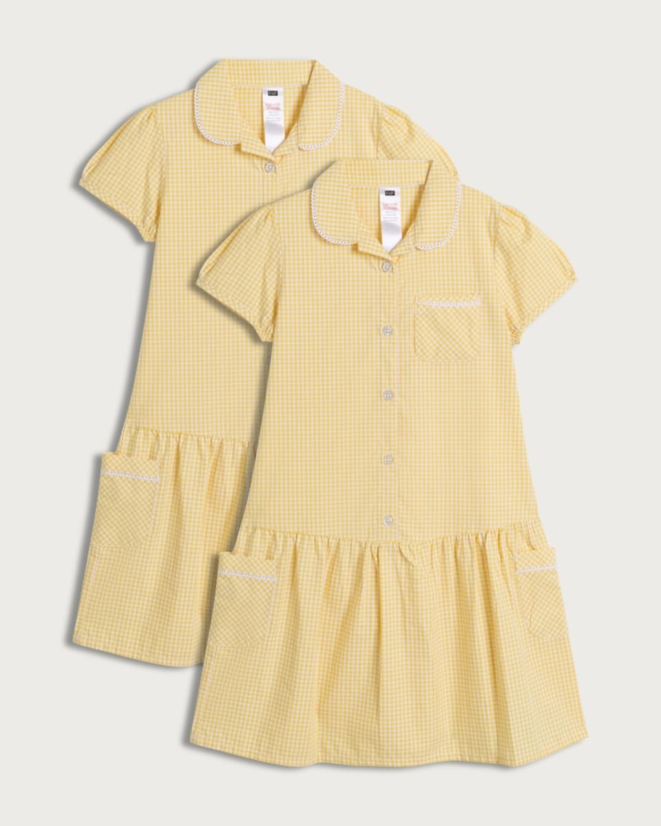 F&F School Girls 2-Pack Cotton Rich Gingham Short Sleeved Dresses in Yellow
