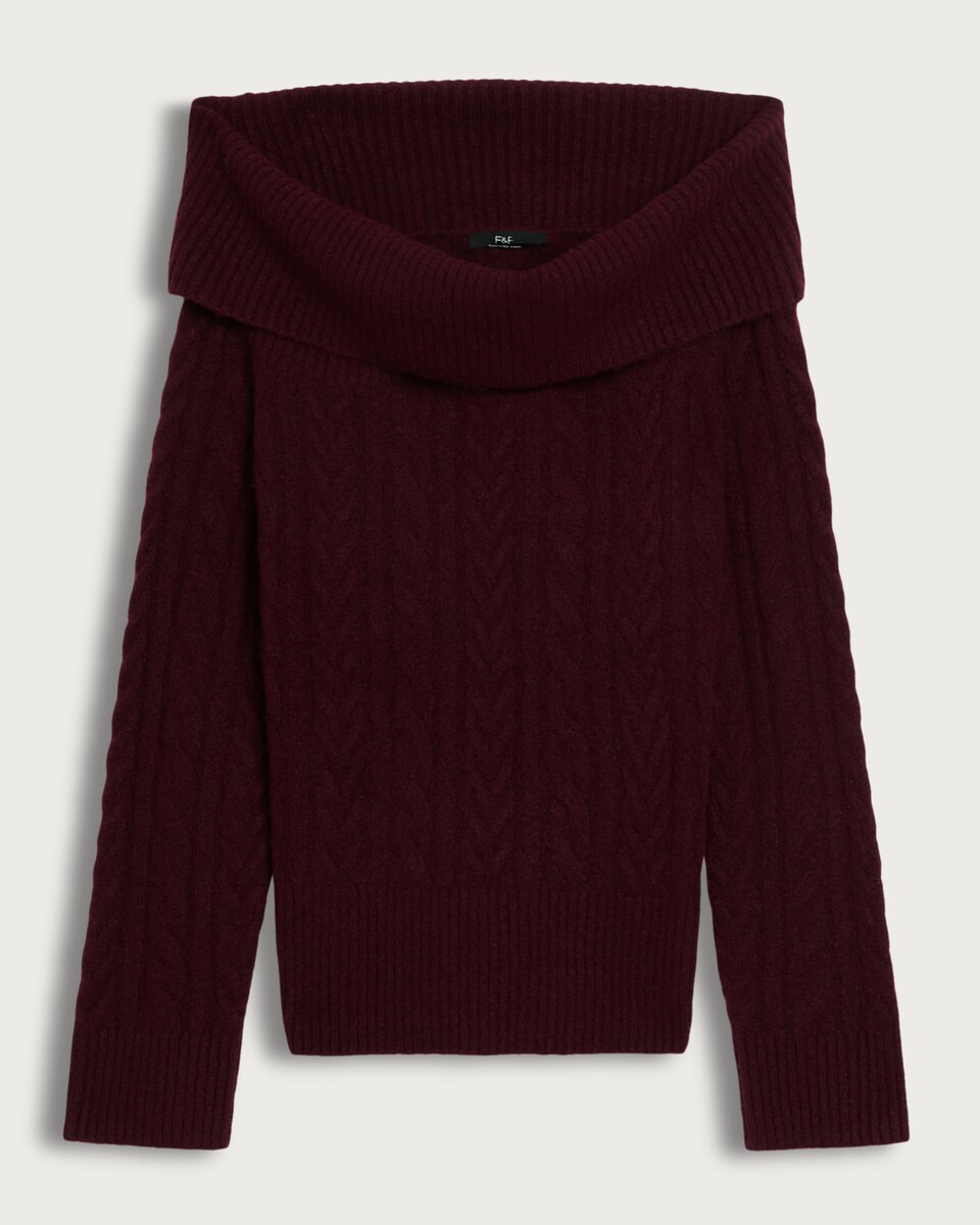 F&F Cable Knit Off Shoulder Jumper with Wool in Burgundy