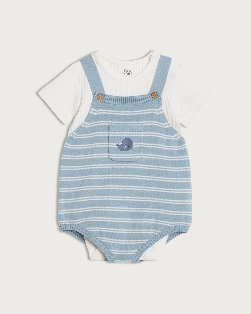 F&F Baby 2-Piece Cotton Rich Striped Knitted Dungarees and Bodysuit Set in Blue