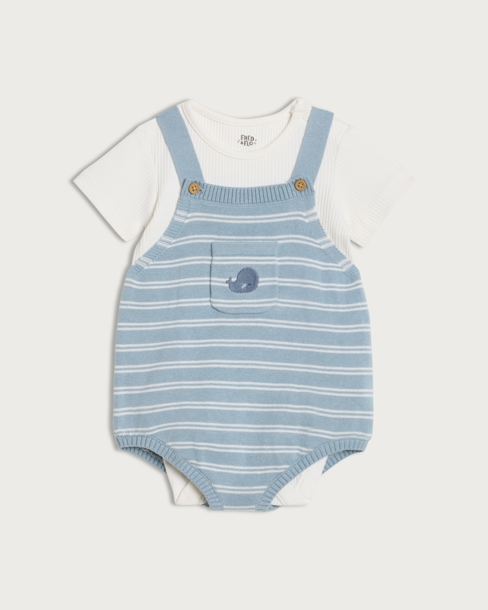 F&F Baby 2-Piece Cotton Rich Striped Knitted Dungarees and Bodysuit Set in Blue