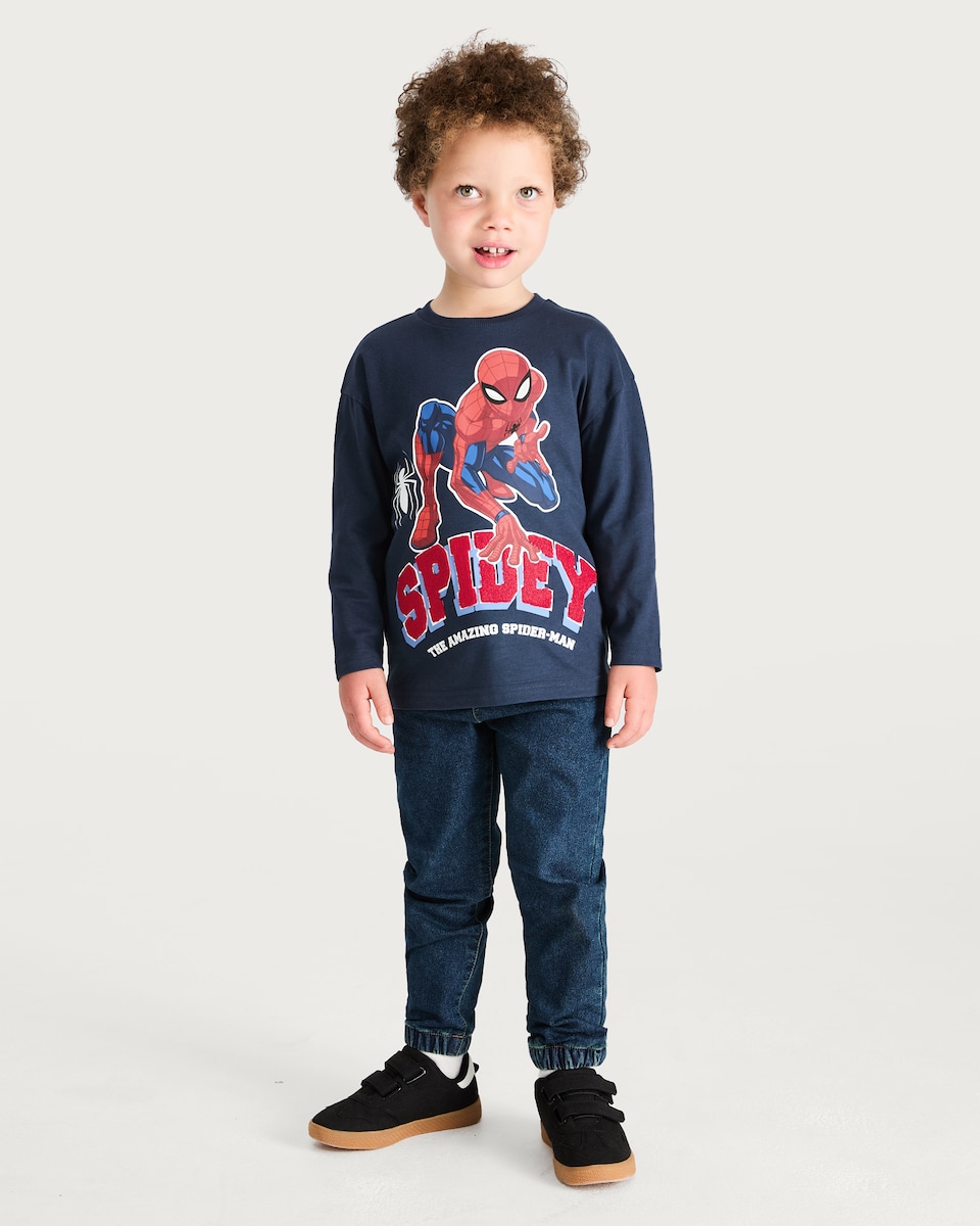 image 1 of Marvel Spider-Man Pure Cotton Long Sleeved Top in Navy