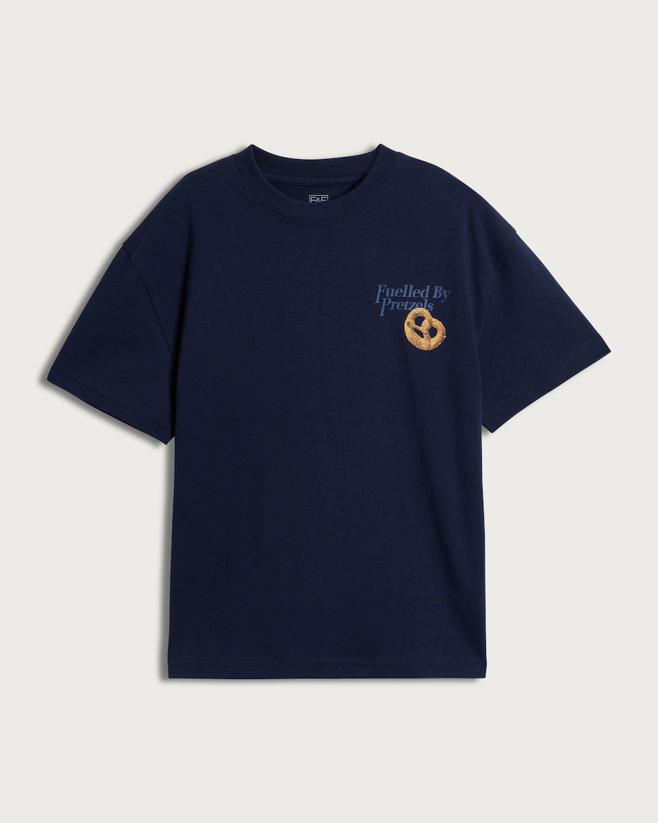 image 1 of F&F Boys Pure Cotton Fuelled By Pretzels Oversized Fit T-Shirt in Navy
