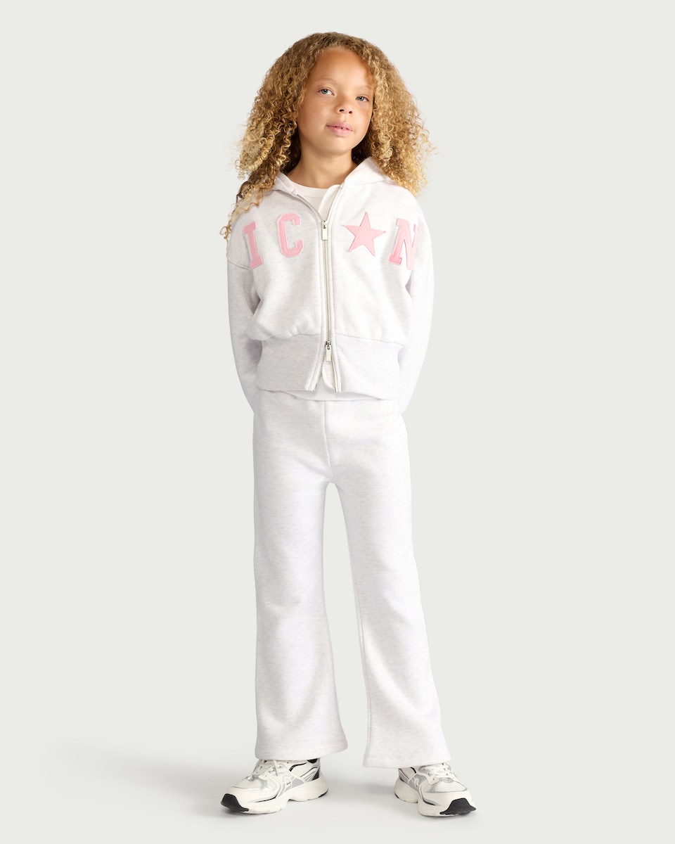 image 1 of F&F Girls Cotton Rich Slogan Zip Up Hoodie in Grey