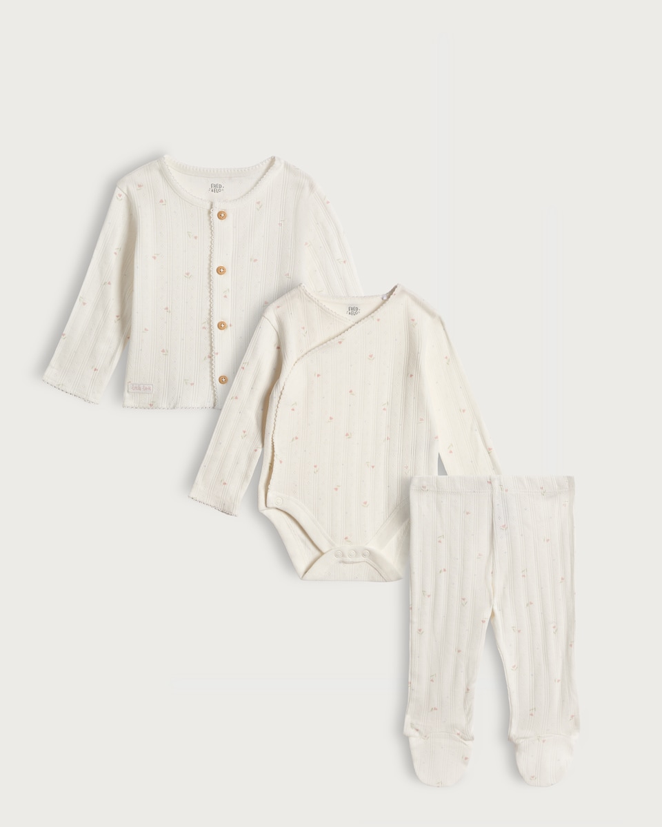 image 1 of F&F Baby 3-Piece Pure Cotton Ribbed Floral Print Cardigan, Bodysuit and Legging Set in Cream