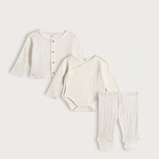 F&F Baby 3-Piece Pure Cotton Ribbed Floral Print Cardigan, Bodysuit and Legging Set in Cream