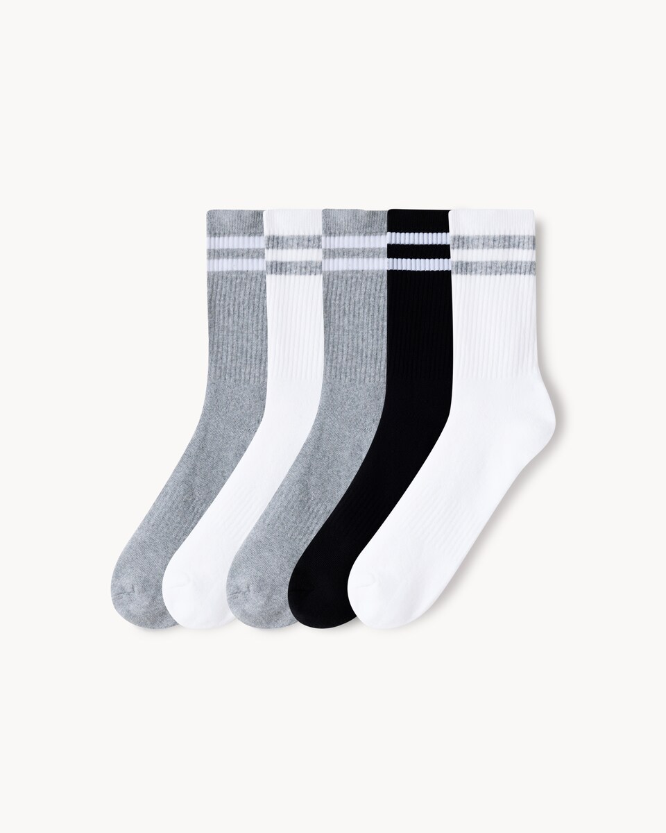 F&F Active 5-Pack Cotton Rich Striped Sports Ankle Socks in Grey Marl
