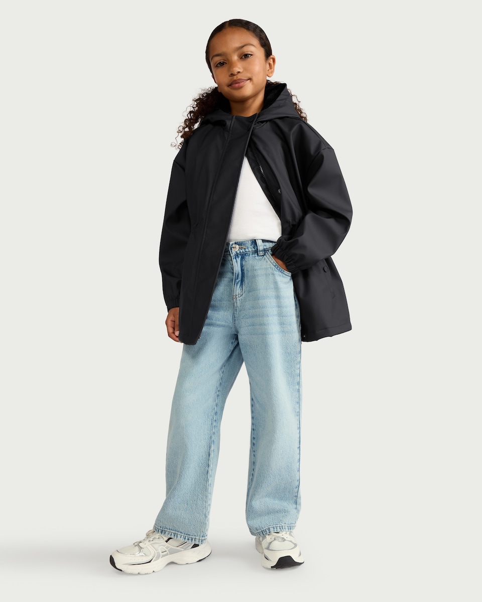 image 1 of F&F Girls Cinched Waist Hooded Raincoat in Black
