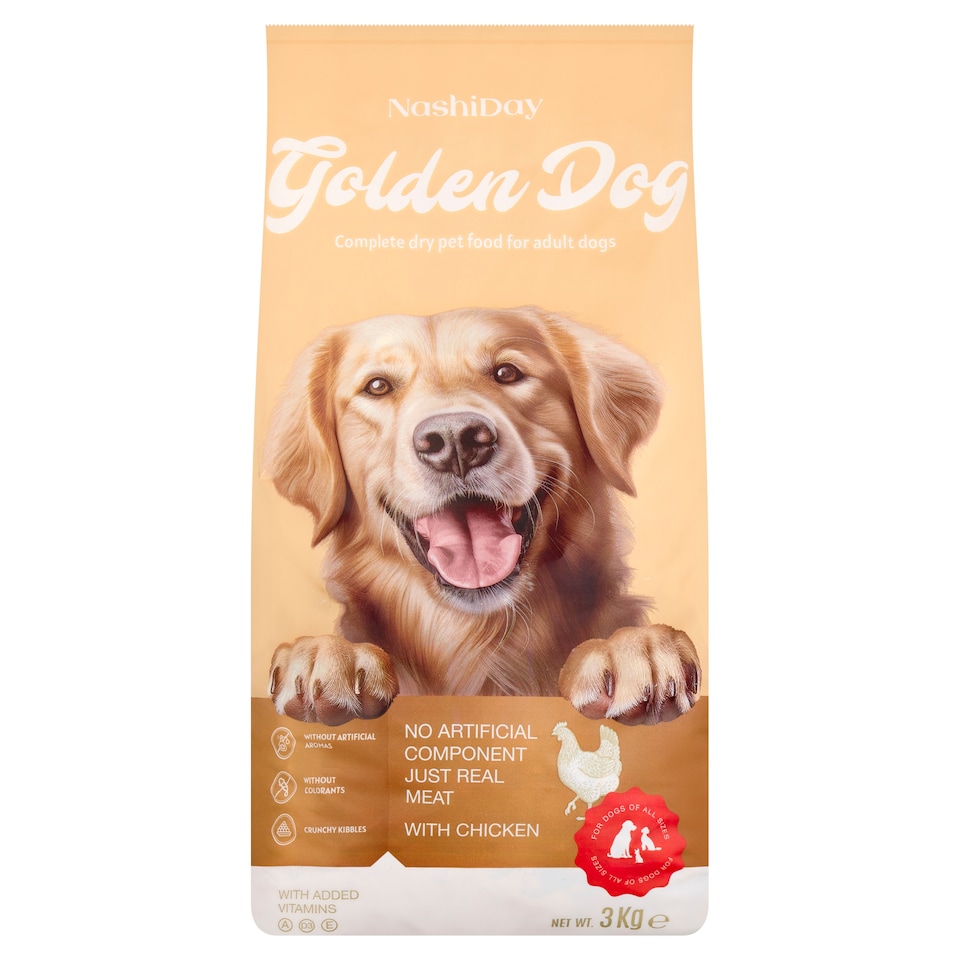 NashiDay Golden Dog teljes értékű száraz állateledel felnőtt kutyák számára csirkével 3 kg  1. kép
