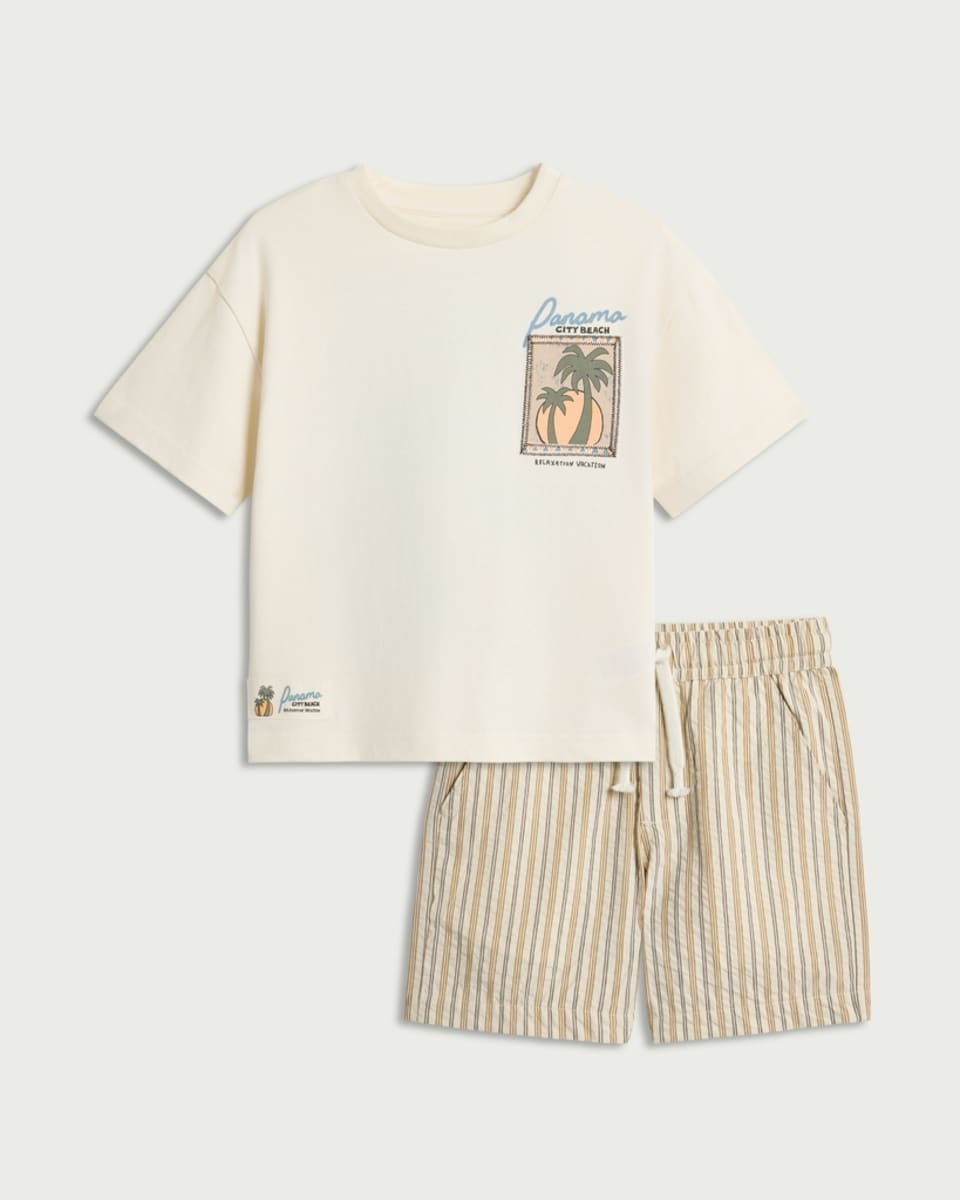image 1 of F&F Boys 2-Piece Pure Cotton Panama City Beach T-Shirt and Striped Shorts Set in Stone