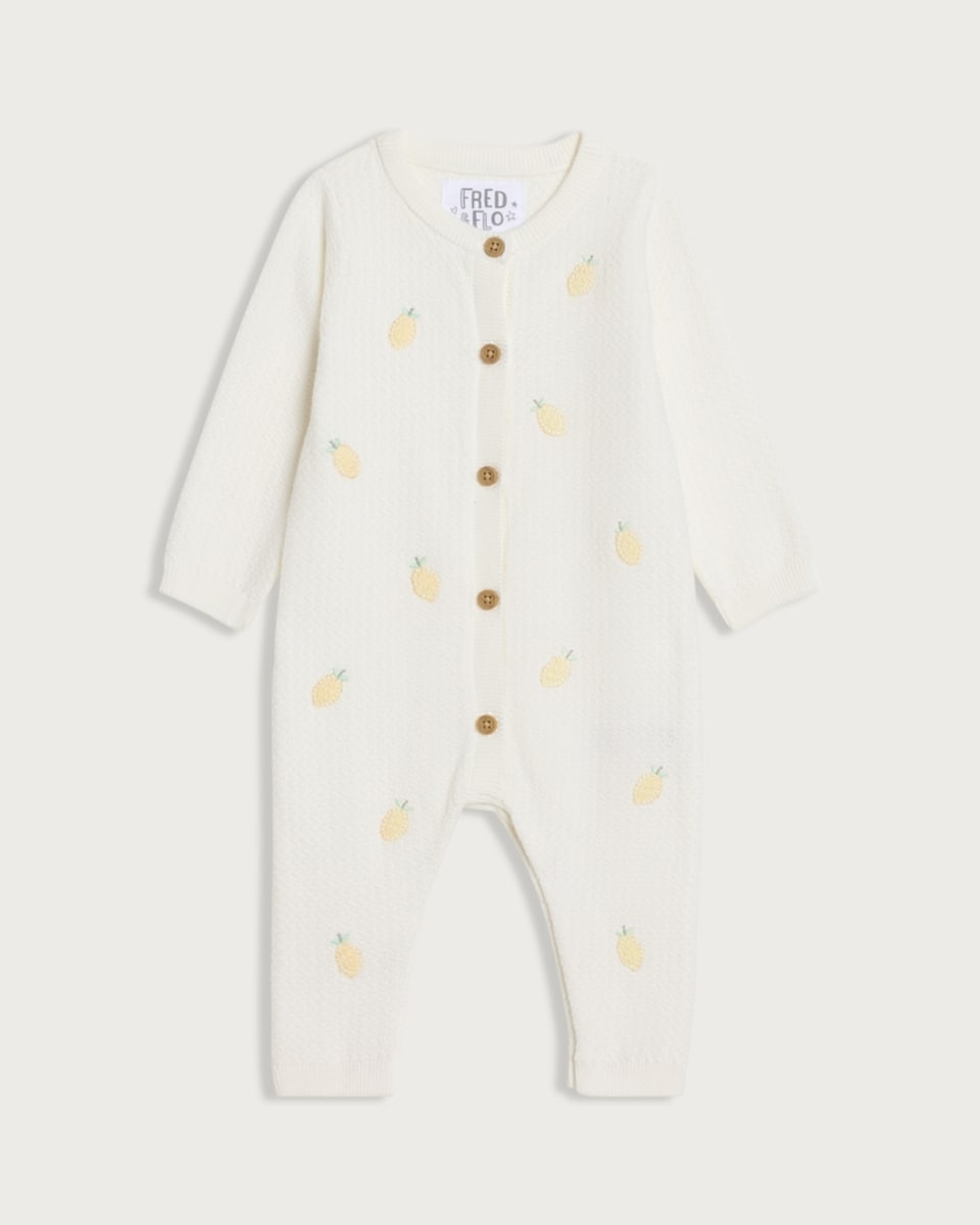 F&F Baby Pure Cotton Knitted Lemon Embroidered Romper in White