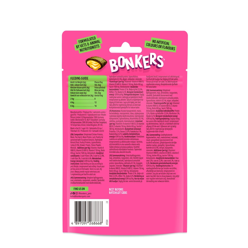 image 1 of Bonkers Cat Treats - Catnip, Chick 'N' Cheddar Flavour 60g