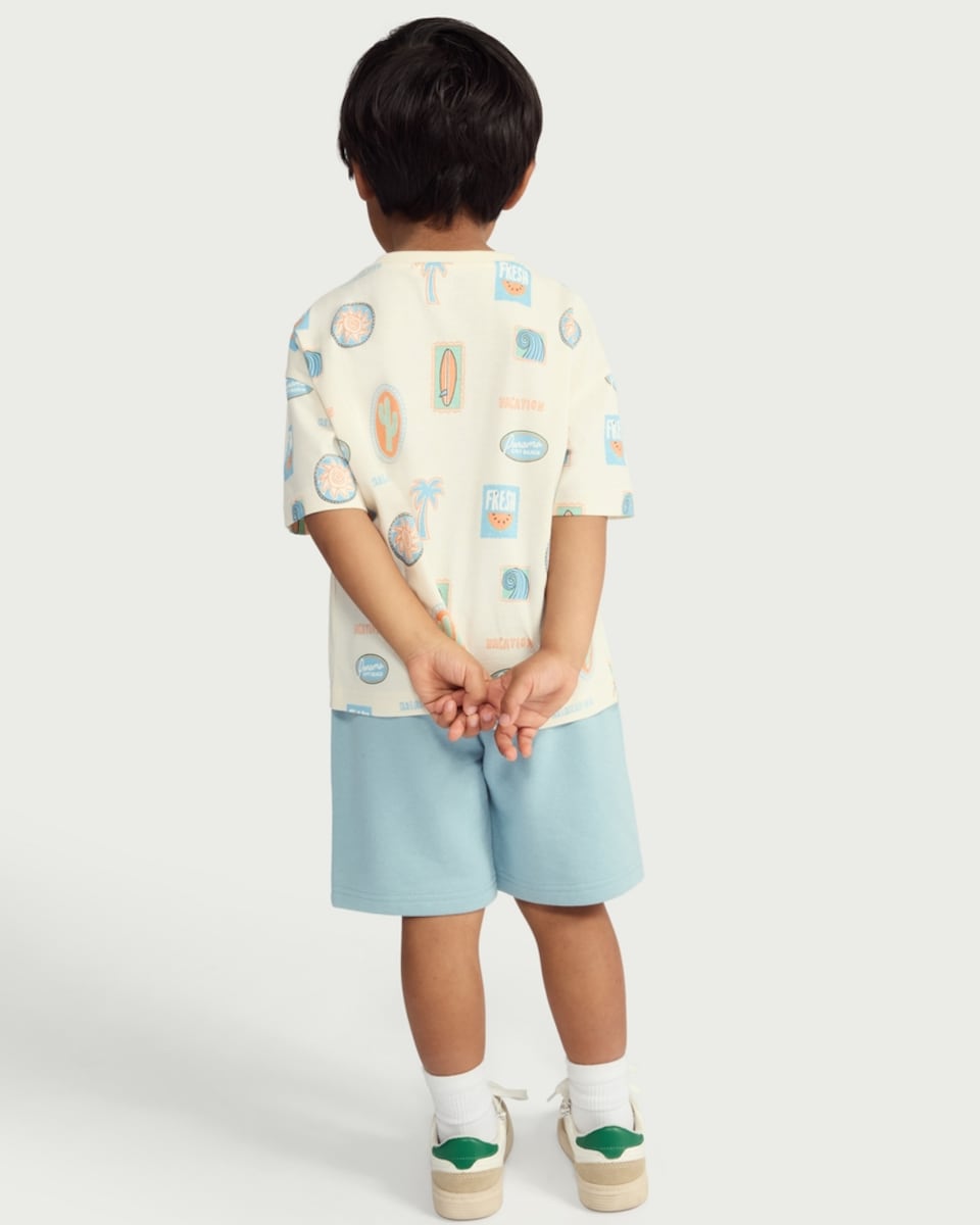 image 1 of F&F Boys Cotton Rich Printed T-Shirt and Shorts Set in Multi Blue