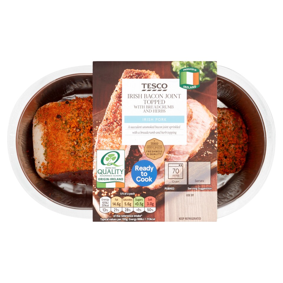Tesco Ready To Cook Irish Unsmoked Bacon Joint Breadcrumbs And Herb Topng550g