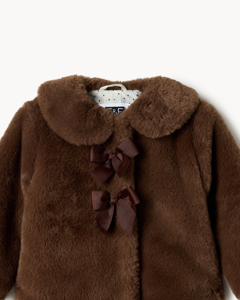 image 1 of F&F Baby Faux Fur Bow Coat in Brown
