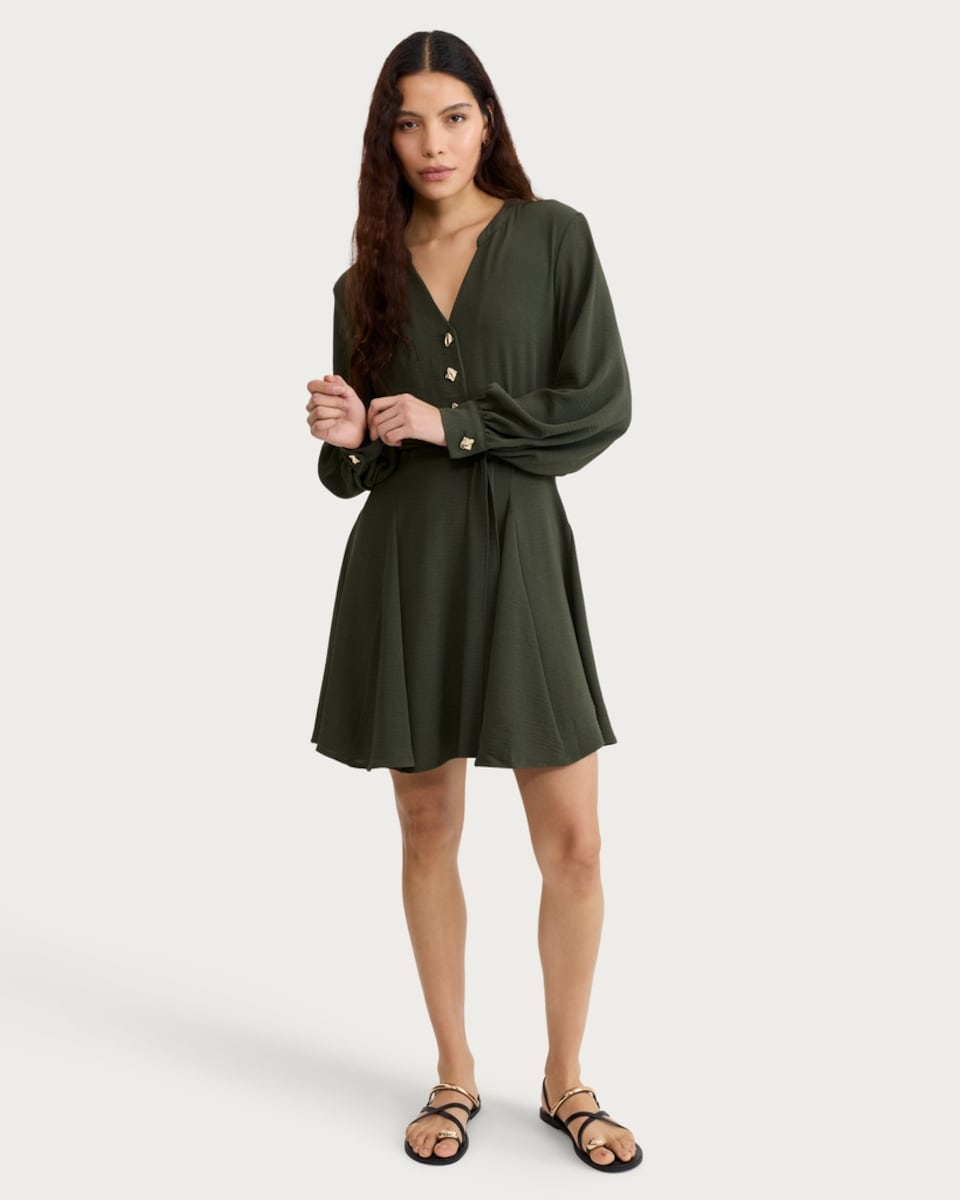 image 1 of F&F Gold Button Belted Long Sleeved Mini Dress in Khaki
