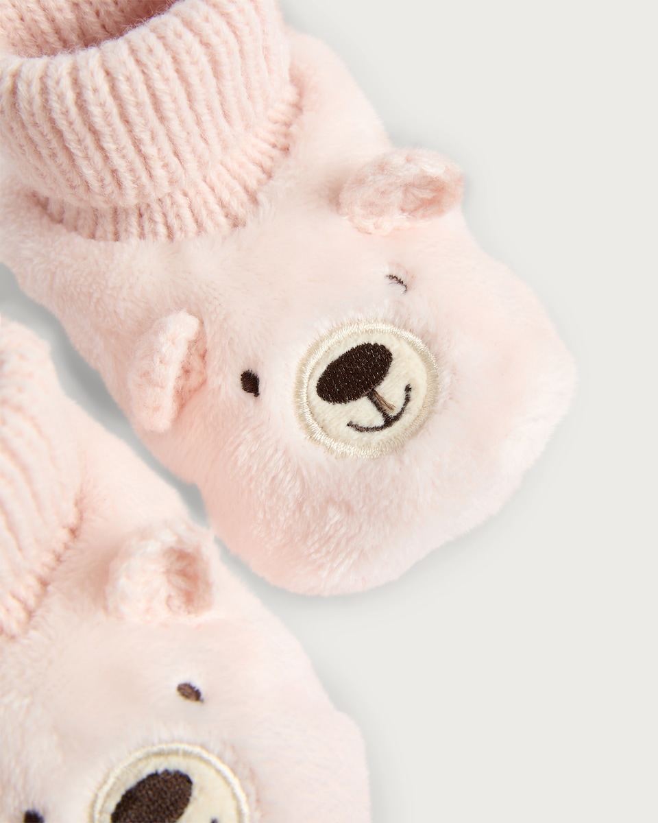 image 1 of F&F Baby Fleece Bear Face Ribbed Booties in Pink
