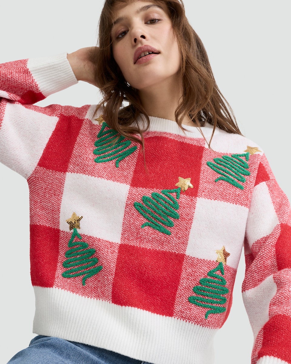 image 1 of F&F Knitted Christmas Tree Print Jumper in Red