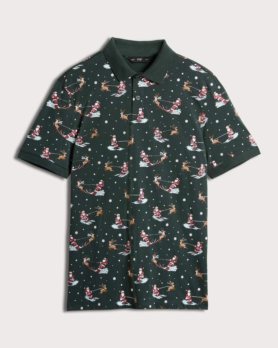 image 1 of F&F Pure Cotton Santa and Sleigh Print Polo Shirt in Green