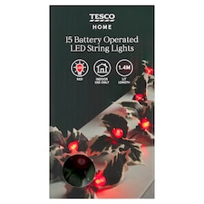 Tesco 15 Battery Red Holly & Berry LED Christmas Lights