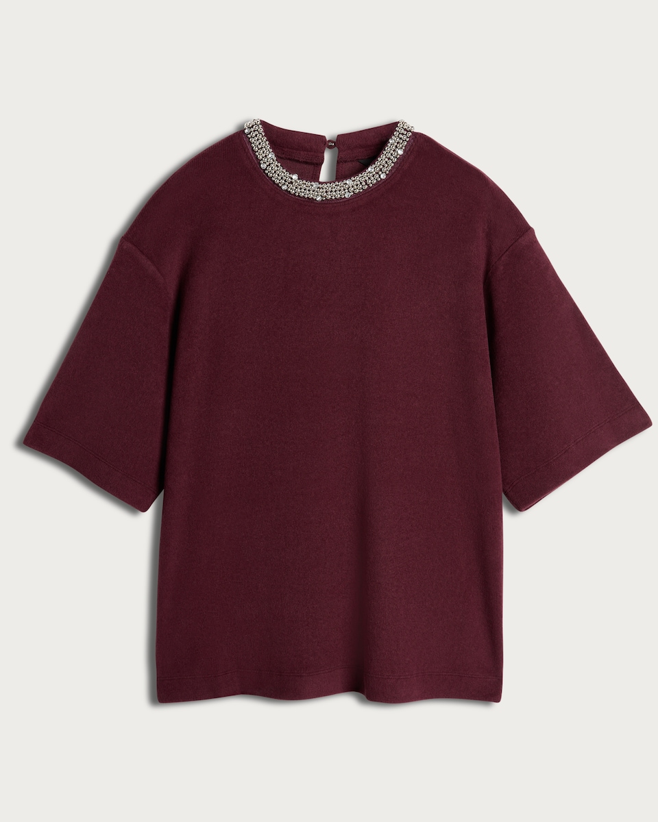 image 1 of F&F Embellished Neck Top in Burgundy