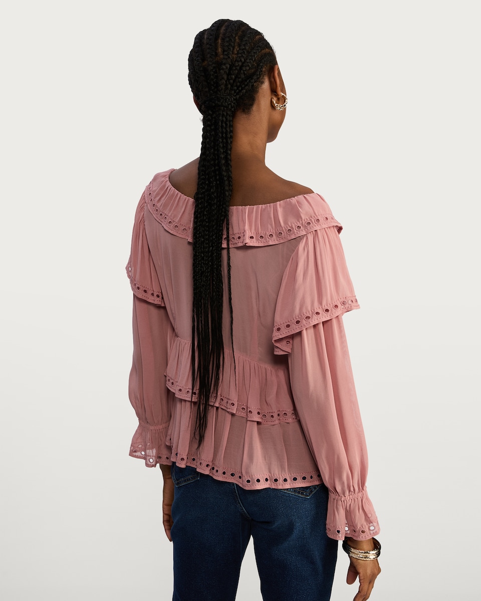 image 1 of F&F Ruffle Trim Detail Tie Neck Blouse in Pink