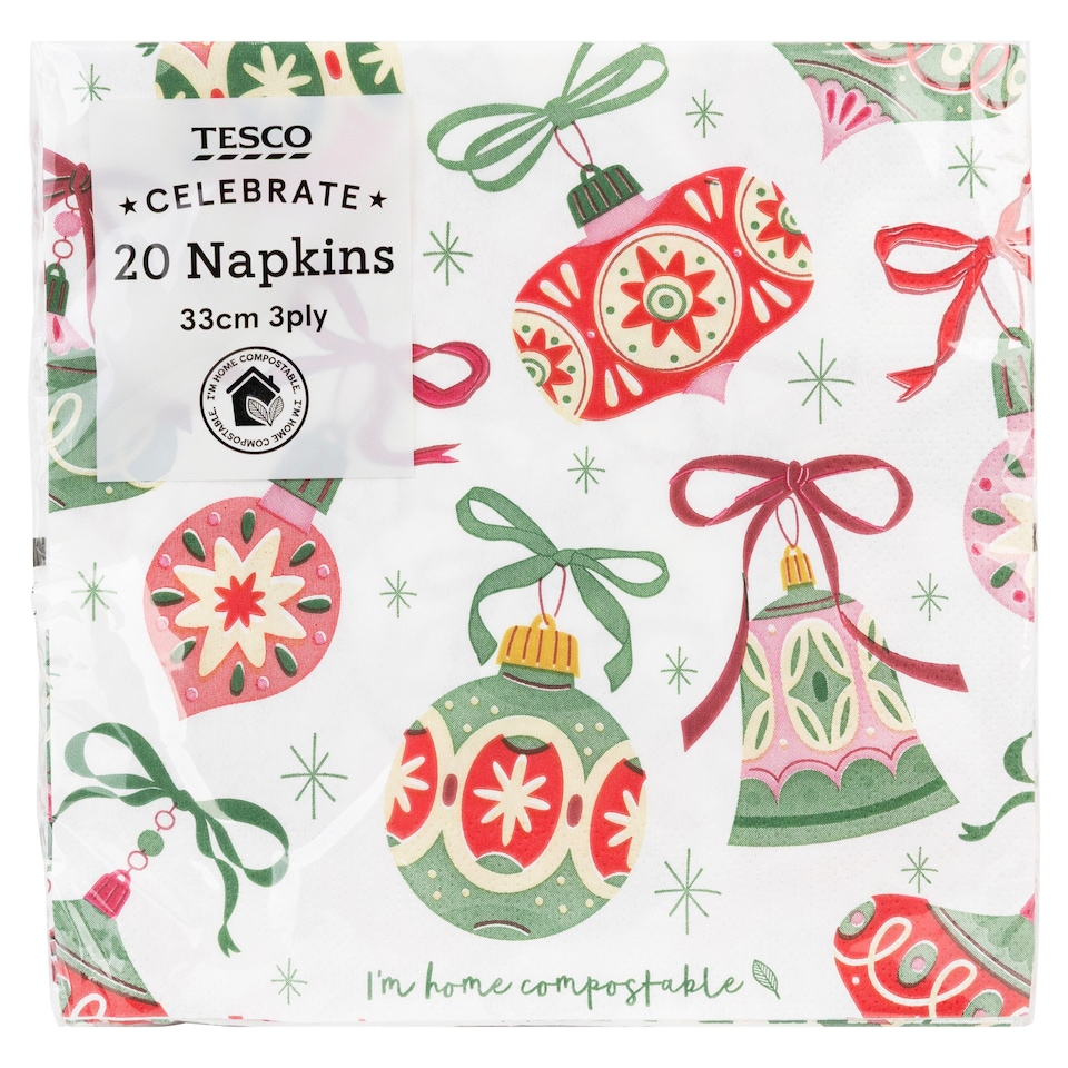 Tesco Festive Bell Christmas Napkins 33cm 3Ply 20 Pack