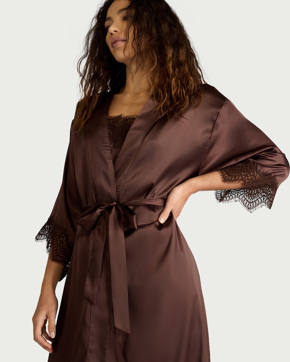 image 1 of F&F Satin Lace Trim Dressing Gown in Chocolate