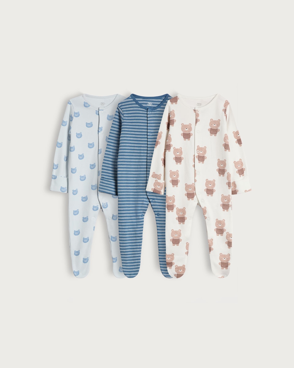 image 1 of F&F Baby Pure Cotton 3-Pack Bear and Stripe Print Sleepsuits in White