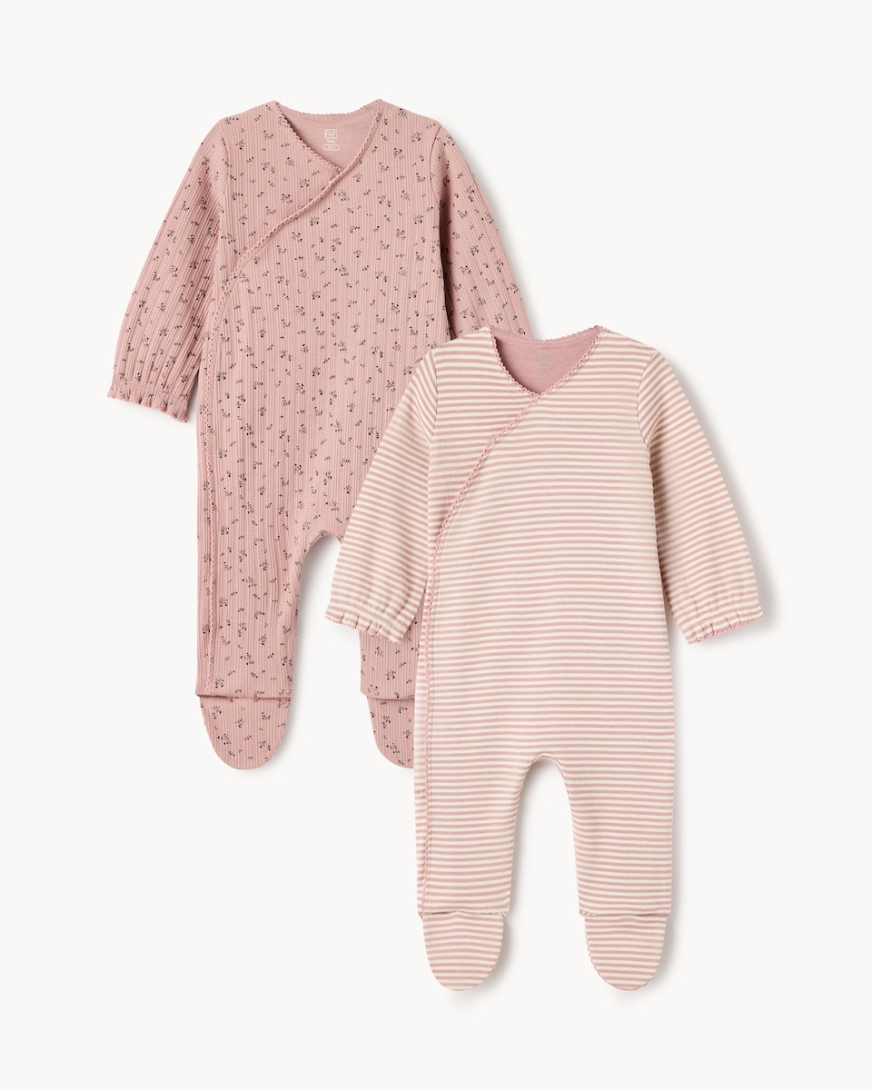 image 1 of F&F Baby 2-Pack Cotton Rich Wrap Sleepsuits in Pink