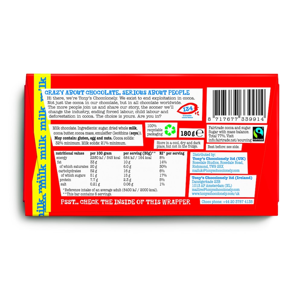 image 1 of Tony's Chocolonely Milk Chocolate 180G