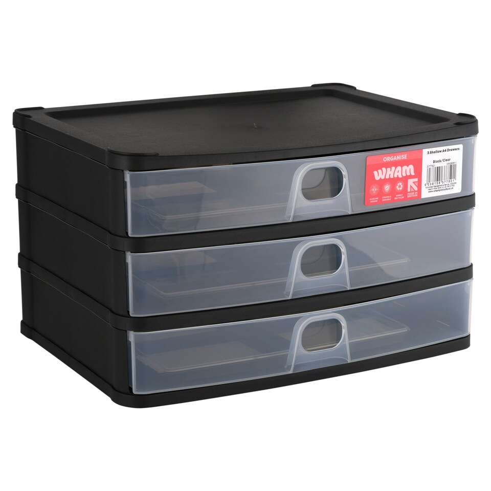 image 1 of Wham Black-Clear 3 Shallow A4 Drawers