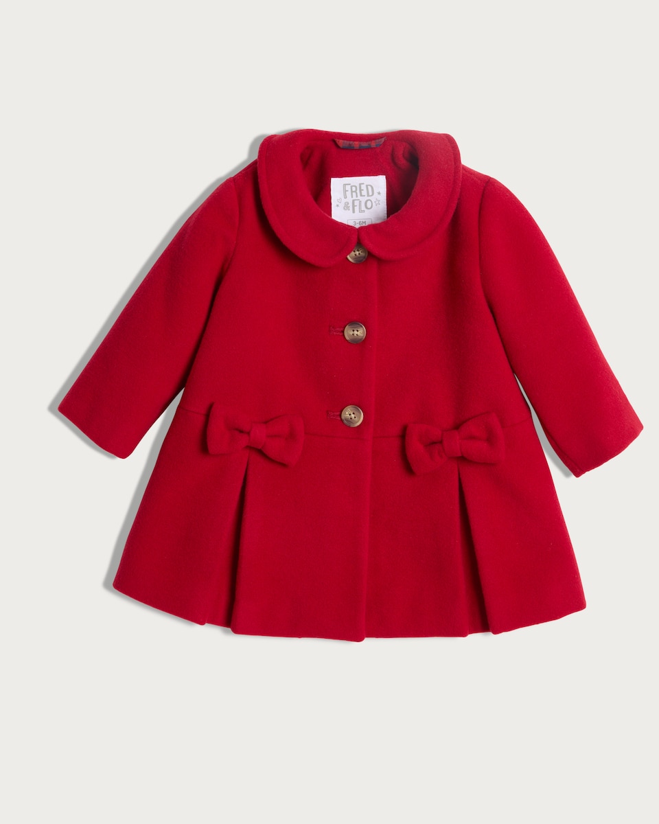 image 1 of F&F Baby Peter Pan Collar Bow Detail Coat in Red