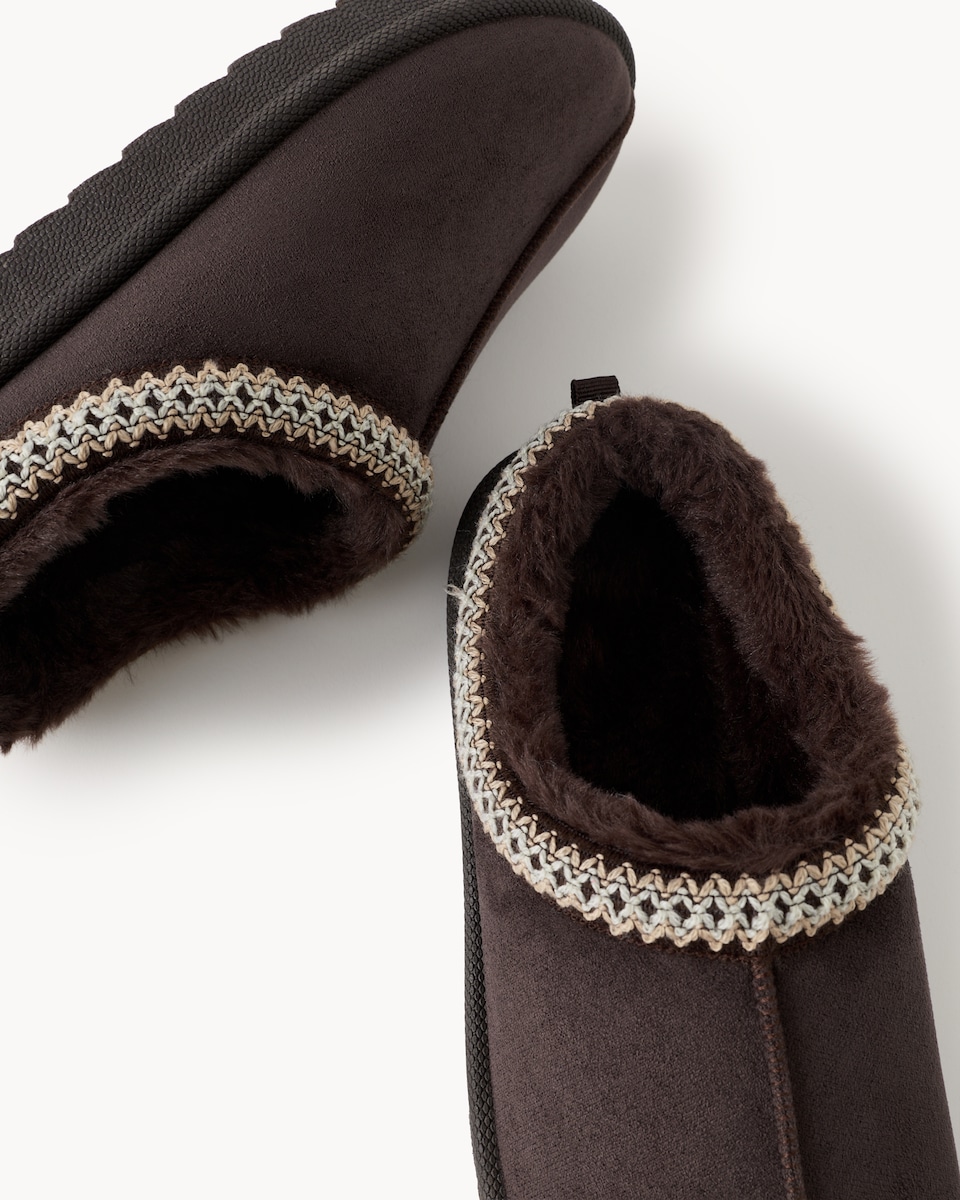 image 1 of F&F Faux Fur Lined Embroidered Mule Slippers in Chocolate